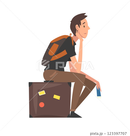 Man Sitting on Suitcase Waiting for Departure, Guy Travelling on Summer Vacation Vector Illustration 123397707
