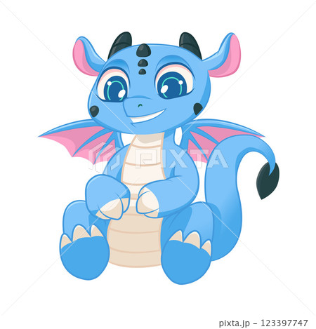 Cute Blue Little Dragon, Lovely Mythological Animal Character Vector Illustration 123397747