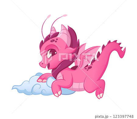 Cute Pink Little Dragon, Adorable Mythological Animal Character Vector Illustration 123397748