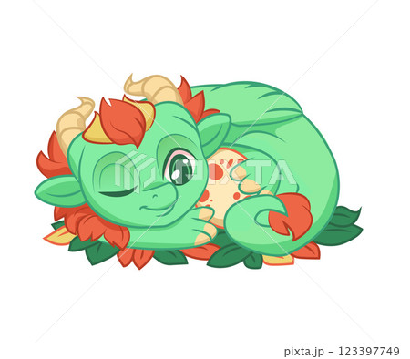 Cute Green Little Dragon, Cheerful Adorable Mythological Animal Character Vector Illustration 123397749
