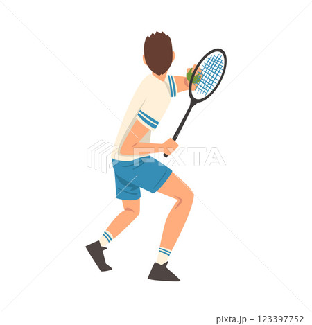 Tennis Player with Racket, Male Athlete Character Taking Part in Competition, View From Behind Vector Illustration 123397752