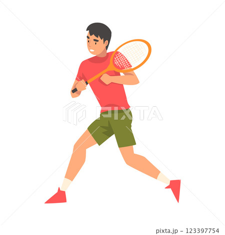 Tennis Player with Racket, Athlete Character in Uniform Running Vector Illustration Tennis Player with Racket, Athlete Character in Uniform Running Vector Illustration 123397754