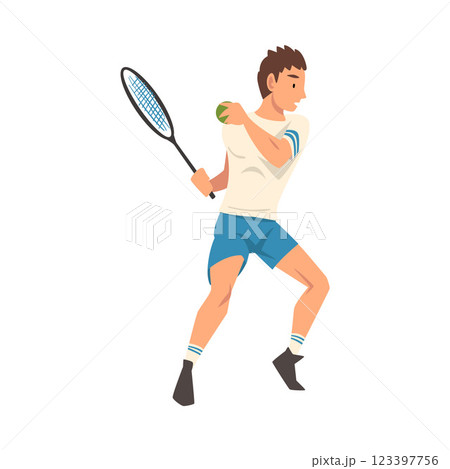 Tennis Player with Racket, Male Athlete Character in Uniform Taking Part in Competition Vector Illustration 123397756