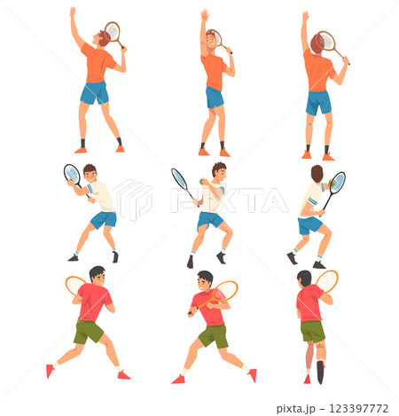 Tennis Players Set, Male Athlete Characters in Uniform with Rackets Taking Part in Competition Vector Illustration Tennis Players Set, Male Athlete Characters in Uniform with Rackets Taking Part in Competition Vector Illustration 123397772