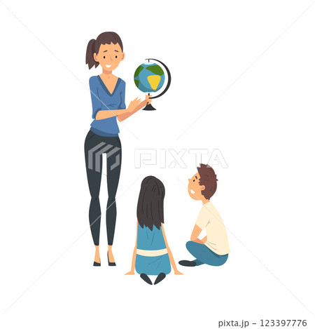 Female Teacher Standing Beside Chalkboard and Explaining Geography Lesson Vector Illustration Female Teacher Standing Beside Chalkboard and Explaining Geography Lesson Vector Illustration 123397776