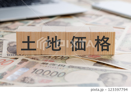 お金の上に土地価格と書かれたブロック お金の上に土地価格と書かれたブロック 123397794