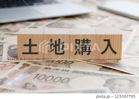 お金の上に土地購入と書かれたブロック 123397795