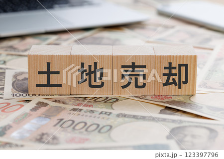 お金の上に土地売却と書かれたブロック お金の上に土地売却と書かれたブロック 123397796