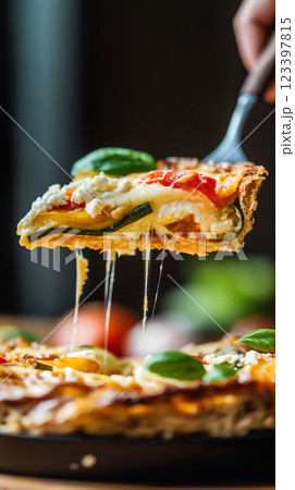 zucchini pie with sweet peppers and feta cheese, motion capture, slice lifted with spatula, golden flaky crust, vibrant vegetable filling, cheese stretch, rustic appeal, dynamic storytelling. 123397815