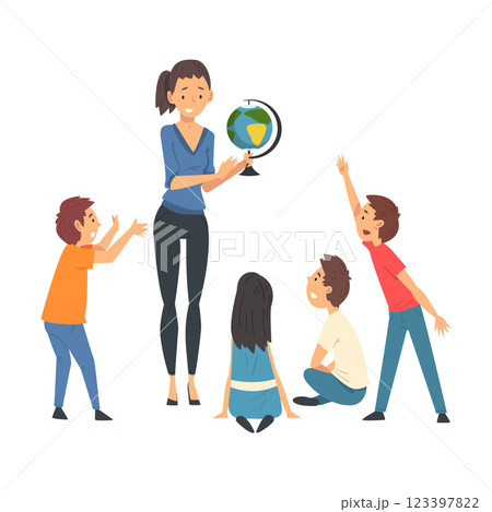 Female Teacher Teaching Students in Classroom at Geography Lesson Vector Illustration 123397822