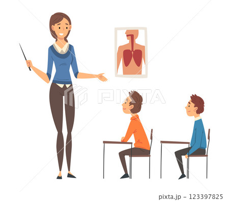 Female Teacher Teaching Students in Classroom at Biology Lesson Vector Illustration Female Teacher Teaching Students in Classroom at Biology Lesson Vector Illustration 123397825