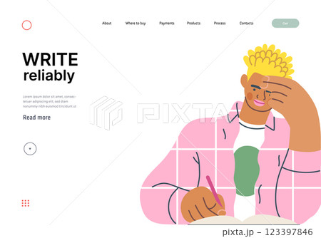 Writing people, modern flat vector concept illustration- sitting man thoughtfully writing on notebook. Metaphor for reflection, personal insight, contemplation, creative expression 123397846