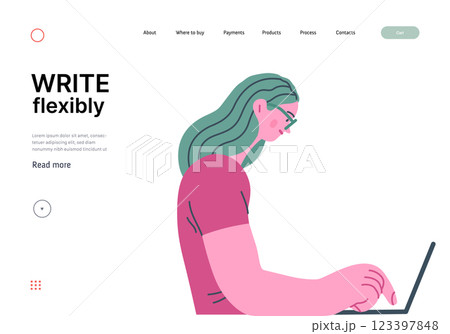 Writing people, modern flat vector concept illustration- sitting woman thoughtfully writing on laptop. Metaphor for reflection, personal insight, contemplation, creative expression 123397848