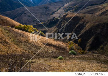 View from above among dry grass at the foot of the ridge View from above among dry grass at the foot of the ridge 123397977