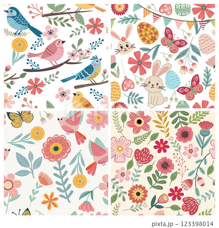 set of 4 pattern with cute decorative spring elements 123398014