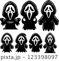 A cartoon figure in a black robe with a white Scream style mask 123398097