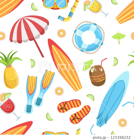 Summer Time Seamless Pattern, Tropical Beach Elements, Can Be Used Fabric Wrapping Paper, Website Wallpapers, Vector Illustration Summer Time Seamless Pattern, Tropical Beach Elements, Can Be Used Fabric Wrapping Paper, Website Wallpapers, Vector Illustration 123398232