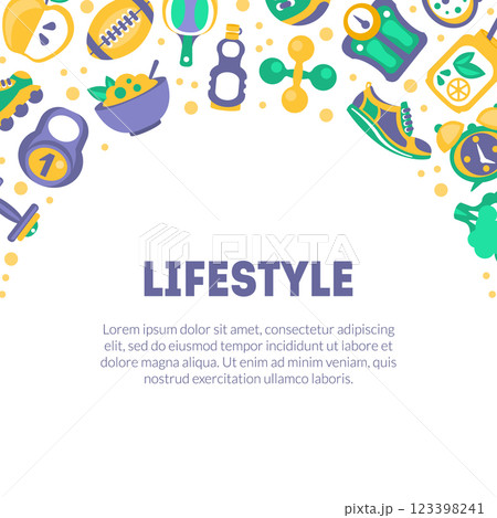 Healthy Lifestyle Banner Template with Sports Equipment and Space for Text Vector Illustration Healthy Lifestyle Banner Template with Sports Equipment and Space for Text Vector Illustration 123398241