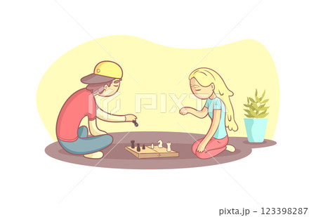 Girl And Guy Sitting on the Floor and Playing Chess Vector Illustration 123398287