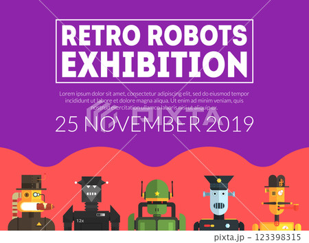 Retro Robots Exhibition Banner Template, Artificial Intelligence Technologies Advertising Flyer, Poster, Promo Brochure Vector Illustration Retro Robots Exhibition Banner Template, Artificial Intelligence Technologies Advertising Flyer, Poster, Promo Brochure Vector Illustration 123398315