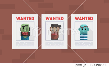 Wanted Criminals Banner Template, Placards with Arrested Men Photos Vector Illustration 123398357