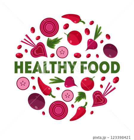 Healthy Food Banner Template of Round Shape with Red Ripe Vegetables and Berries Vector Illustration Healthy Food Banner Template of Round Shape with Red Ripe Vegetables and Berries Vector Illustration 123398421