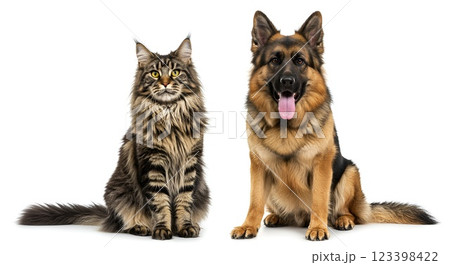 Ultra-detailed, hyper-realistic Maine Coon cat with fluffy long fur and a large German Shepherd dog sitting together on a clean white background 123398422