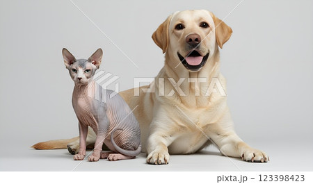 Hyper-realistic studio portrait of a hairless Sphynx cat sitting next to a golden Labrador Retriever, both posing on a seamless white background 123398423
