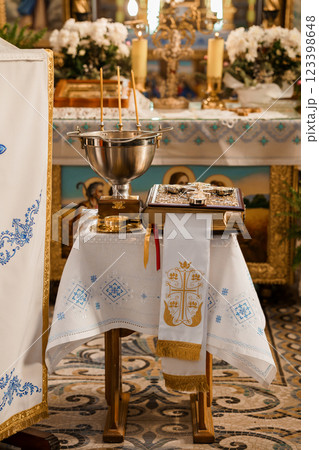 Sacred Altar Setup in a Beautiful Church Interior During a Religious Ceremony 123398648