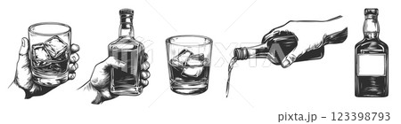 whiskey set engraving. bottle glass in hand, alcohol strong drink rum cognac liqueur ice pour bar menu vintage monochrome drawing vector illustration 123398793