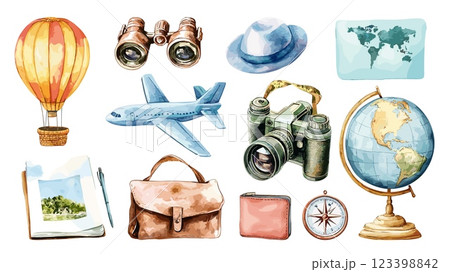 tourism set watercolor. travel icons, yellow hot air balloon binoculars hat map airplane camera sketchbook briefcase bag suitcase purse compass globe vector illustration