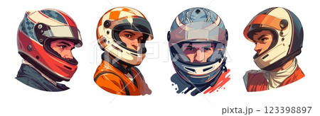 Racer portraits. Man wearing a motorcycle helmet protection, sport car driver motorcyclist biker person vector illustration 123398897