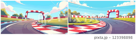 race track background. autodrome cartoon, finish race sport road asphalt summer greenery trees arch vector illustration 123398898