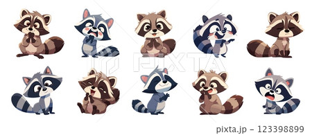 raccoons set cartoon. gray brown raccoon, cute funny cheerful sad scared wild animal sticker emotions character vector illustration 123398899