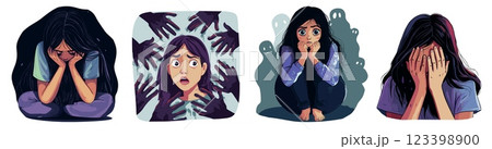 psychological disorder. brunette girl with mental health problems, gloomy concept hands shadows fear stress anxiety depression emotions suffering loneliness illness vector illustration 123398900