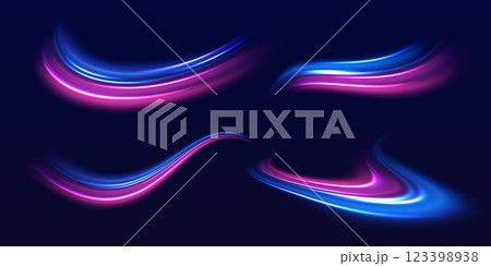 Speed police line set. Laser beams, horizontal light rays. Magic shining neon light line trails. Purple glowing wave swirl, impulse cable lines. High speed effect motion blur night lights Speed police line set. Laser beams, horizontal light rays. Magic shining neon light line trails. Purple glowing wave swirl, impulse cable lines. High speed effect motion blur night lights 123398938