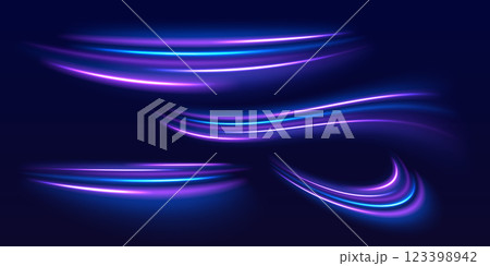 Speed police line set. Laser beams, horizontal light rays. Magic shining neon light line trails. Purple glowing wave swirl, impulse cable lines. High speed effect motion blur night lights Speed police line set. Laser beams, horizontal light rays. Magic shining neon light line trails. Purple glowing wave swirl, impulse cable lines. High speed effect motion blur night lights 123398942