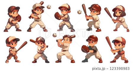 Kids play baseball. Children in sport team uniform hold bat hitting ball, boys girls activity game vector illustration 123398983