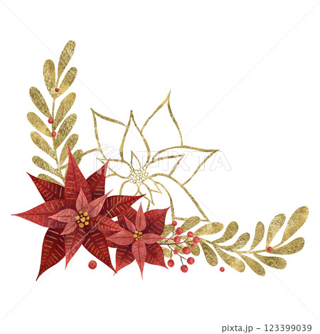 Composition with a red poinsettia flower, holly berries and branches of golden plants highlighted 123399039