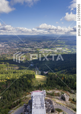 View from the Jested tower, telecommunication transmitter on mountain near Liberec, Bohemia, Czech Republic, UNESCO World Heritage Site View from the Jested tower, telecommunication transmitter on mountain near Liberec, Bohemia, Czech Republic, UNESCO World Heritage Site 123399066