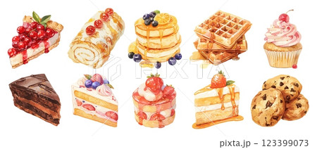 dessert watercolor set. cherry pie roll waffle cupcake pancakes cake chocolate chip cookie, sweet fruit pastry food cooking treat restaurant bakery vector illustration 123399073