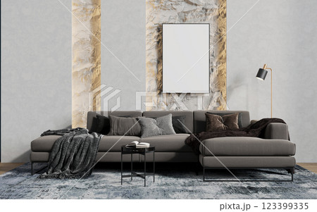 Blank frame for a picture or photo in the living room above the sofa. 3D rendering 123399335
