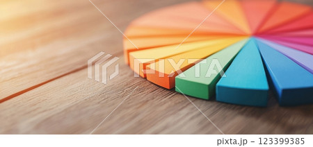 Wood Background Infographics concept. Colorful Circular Infographic on Wooden Table Background 123399385