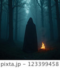 Witch casts a spell in a deep wild forest. Halloween	 123399458
