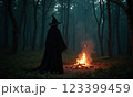 Witch casts a spell in a deep wild forest. Halloween	 123399459