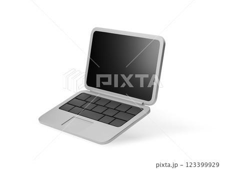 3d cartoon laptop with dark screen, sleek silver body and black keys, isolated on white background. Design element for digital technology, business, communication. Vector illustration of 3d render. 3d cartoon laptop with dark screen, sleek silver body and black keys, isolated on white background. Design element for digital technology, business, communication. Vector illustration of 3d render. 123399929