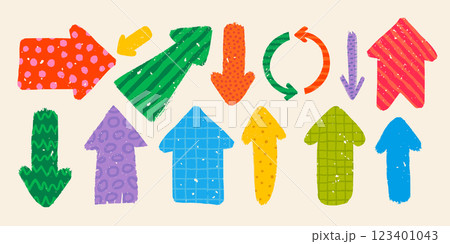 Hand drawn vector arrows with various patterns in rough rustic style. 123401043
