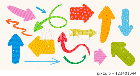 Hand drawn vector arrows with various patterns in rough rustic style. 123401044