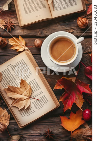 Cup of coffee with an open book and autumn with fallen leaves on a wooden background, seasonal lyrical atmosphere. 123401083