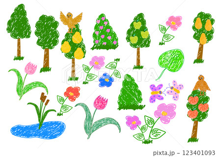Colorful Hand-Drawn Nature Scene with Trees, Flowers, and Birds 123401093